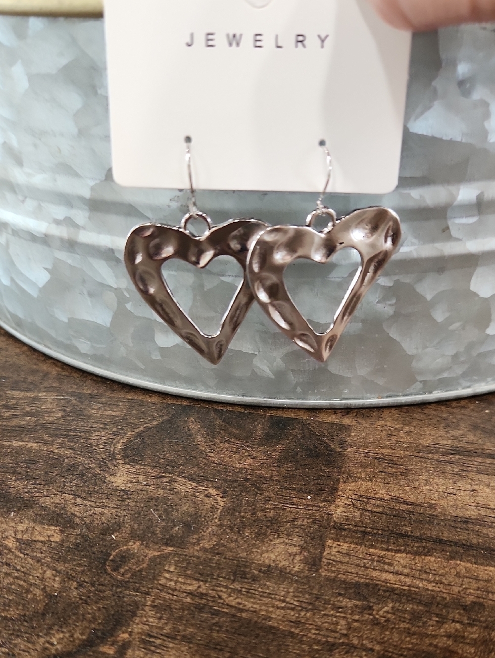 Hammered Heart Drop Earrings - Silver Tone